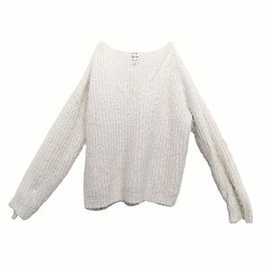 Flossy Oversized Boho Hippie Rose Winter White V-Neck Long Sleeve Sweater XL